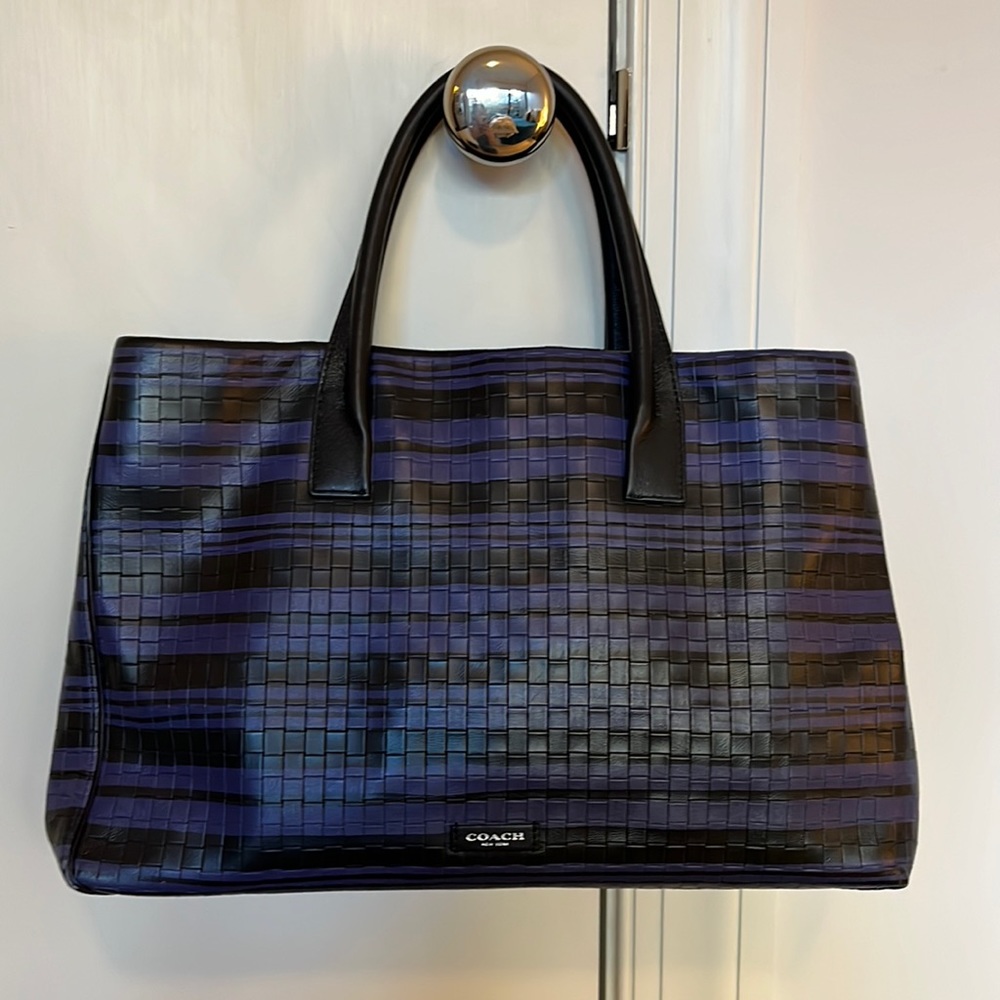 Coach Bleeker dark purple and black striped Satchel bag.